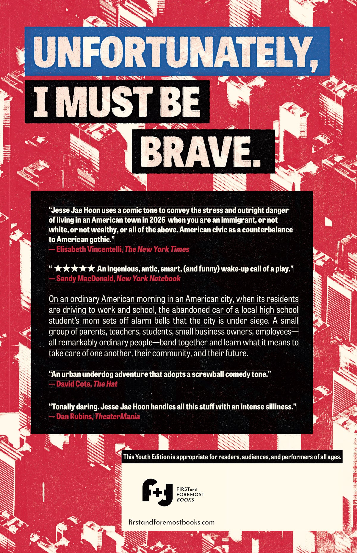 Titans: A City Symphony - Youth Edition by Jesse Jae Hoon back book cover, featuring red, white, and blue colors and press quotes.